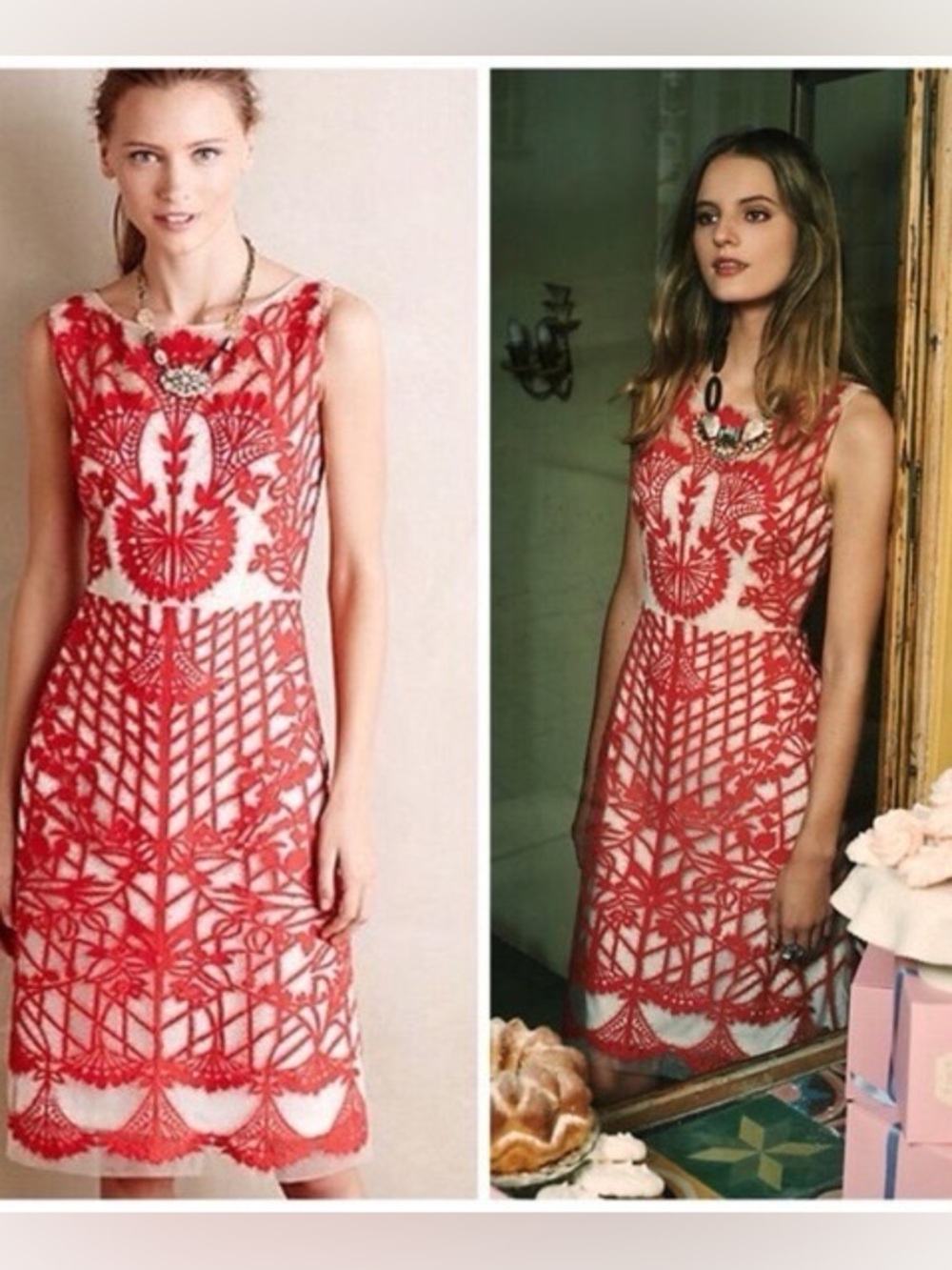 Anthropologie Red Lace Midi Dress with Sheer Nude Lining